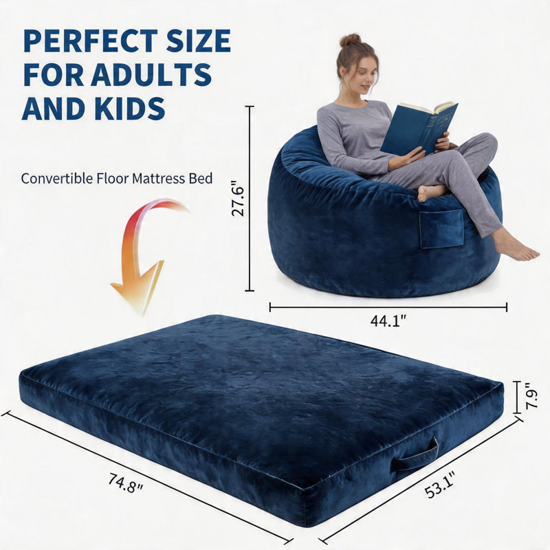 Fauteuil à billes convertible, canapé-lit en mousse à mémoire de forme avec housse lavable, tissu en flanelle, poche latérale et poignée