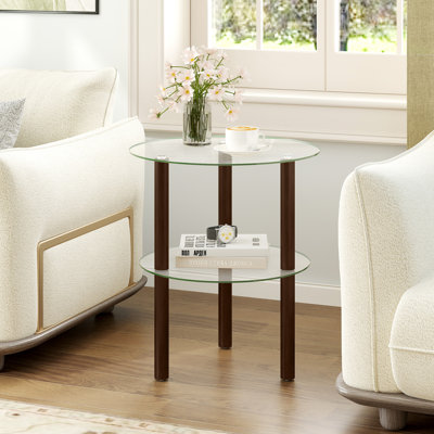 Table de bout ronde 2 pièces, table d'appoint à 2 niveaux avec plateau en verre trempé transparent et tablette transparente et brune