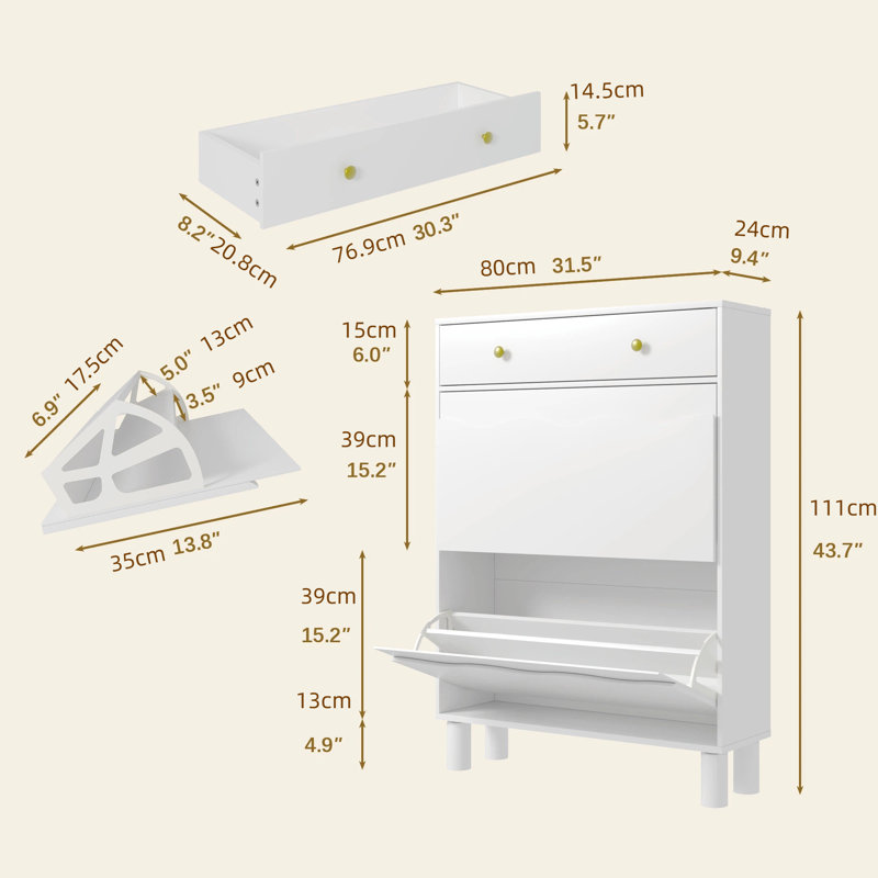 2-Tier Shoe Cabinet with Drawer Entryway Storage Unit, White