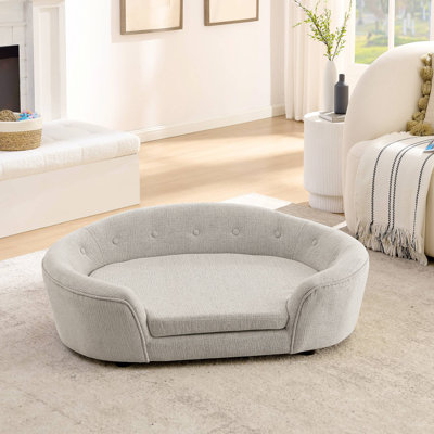Canapé pour chien semi-fermé surdimensionné ovale surdimensionné - Matériau en lin durable, dossier capitonné, support central haut-bas et confort moelleux
