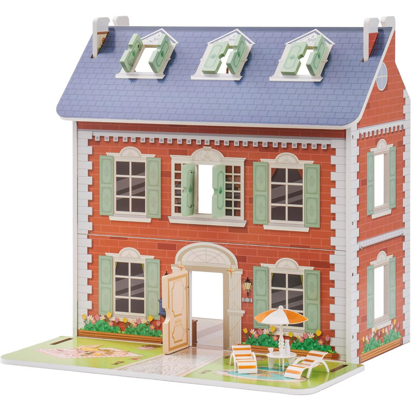 Large Vintage Wooden Dollhouse For Kids With Furniture Accessories For Birthday And Christmas ,Brick Red