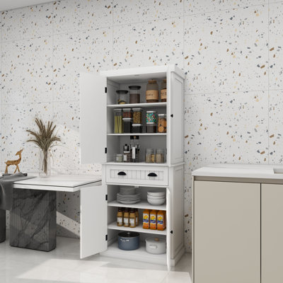 Élégant garde-manger de 71 pouces avec 4 portes, un tiroir et 2 tablettes réglables pour une organisation efficace