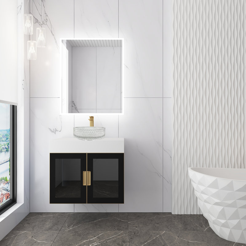 Modern Luxury Wall-mounted Vanity With 30" Solid Surface Top And Round Glass Vessel Sink, Clear