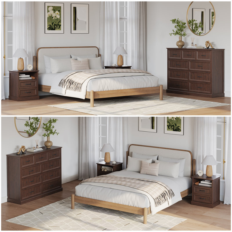 3 Pieces Bedroom Set, 9 Drawer Dresser And 2 Nightstands With Drawers, Brown