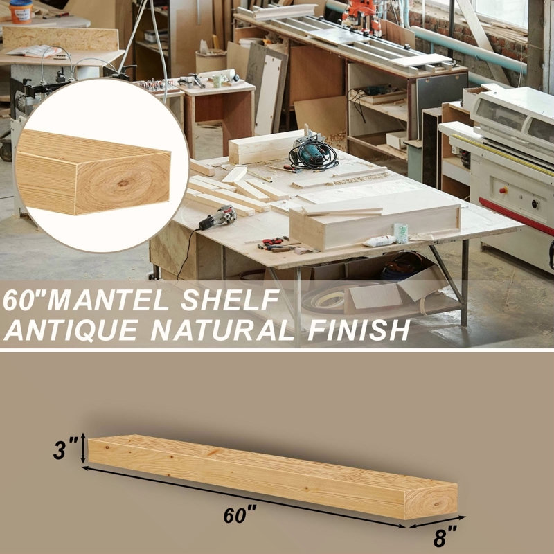 Fireplace Mantel,60" Wood Floating Fireplace Shelves,Wall Mounted Wooden Display Shelving,Handcrafted Wood Brack,Natural Mantels Over Fireplace,60" X 8" X 3"-Clear Varnished Natural Wood
