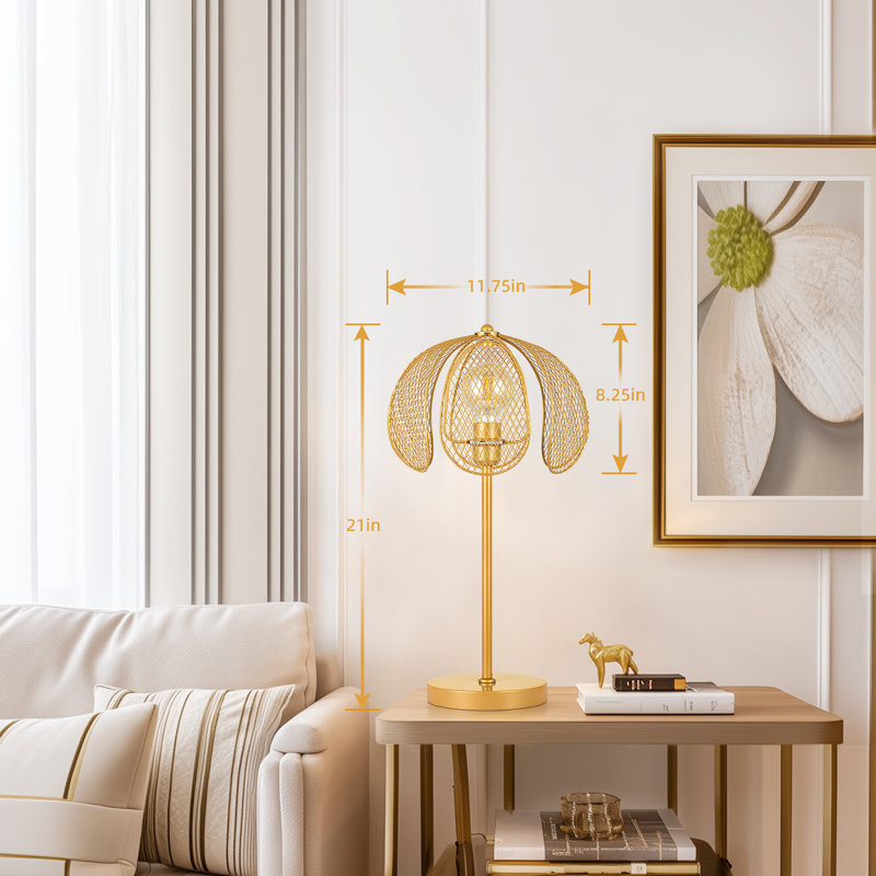 Euzelia 20'' Gold, Metal Mesh Shade, Floral Table Lamp with Glass LED Bulb