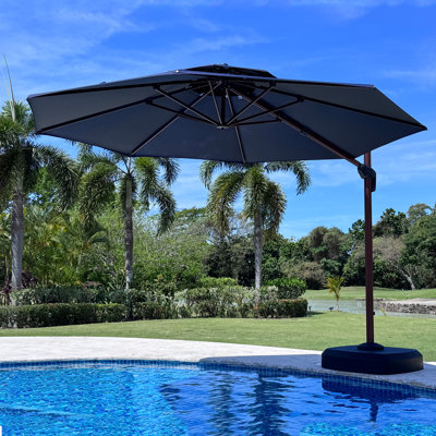 144'' Round Large Outdoor Wood Pattern Cantilever Umbrella With Wheeled Base,Navy