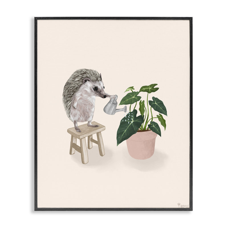 «Hedgehog Watering Plant», art de la giclée encadrée par Tara Royle, Giclée encadrée noir minuit, H 14 po x l 11 po