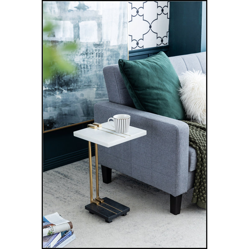 Table d'appoint artistique en aluminium et marbre en forme de C 12,5 x 12 x 22 po, blanc / or / noir