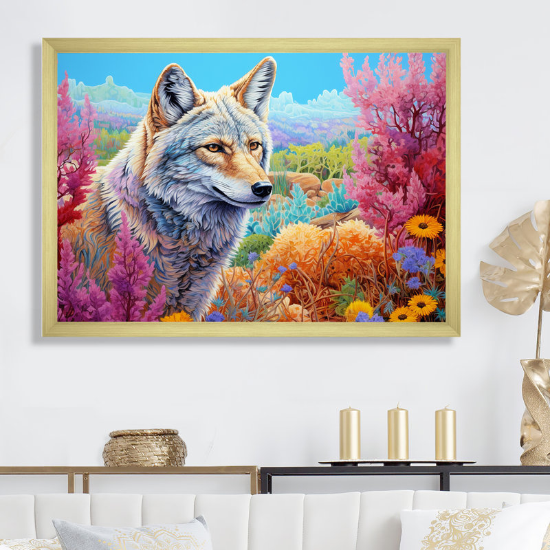 «Native Coyote Horizon» sur toile, Cadre doré simple, H 24 po x l 32 po x P 1 po