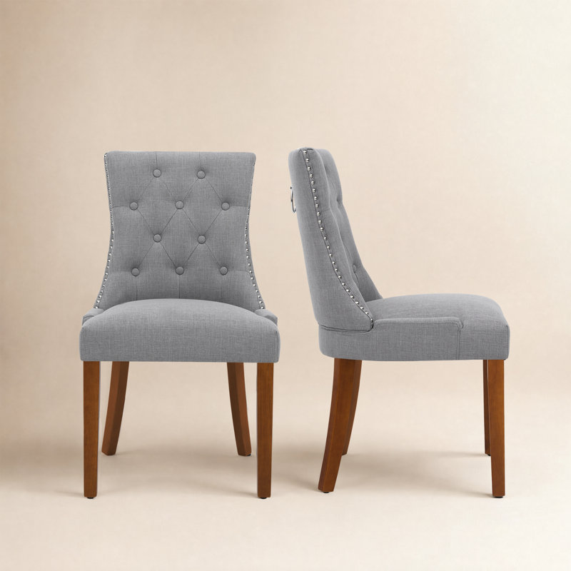 Tufted Upholstered Dining Chairs with Solid Wood Legs, Light Gray, Brown Wood