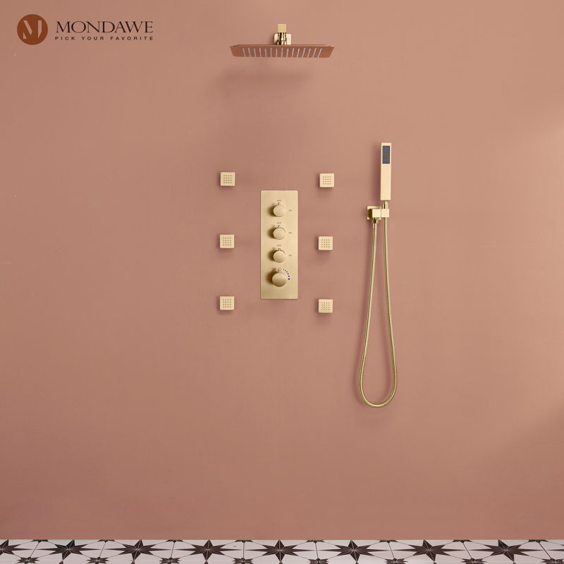 Brushed Gold Dual Square Wall Mounted Shower System with Body Jets