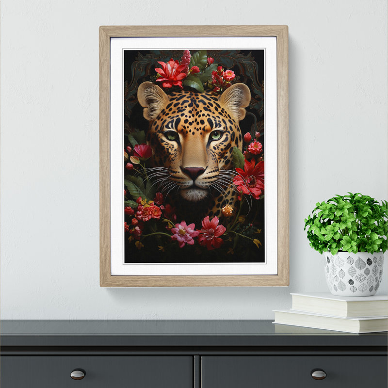 Leopard Rococo - Single Picture Frame Print on Wood, 34cm H x 25cm W x 2cm D, Oak Framed