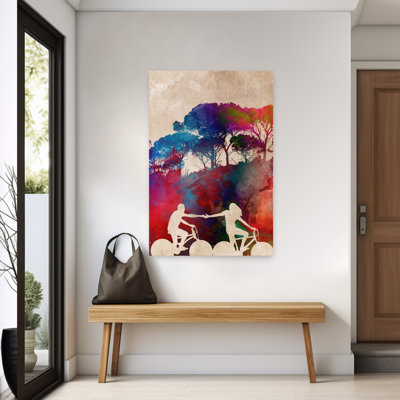 «Colorful Cycling Couple», art contemporain mural, paysage abstrait coloré