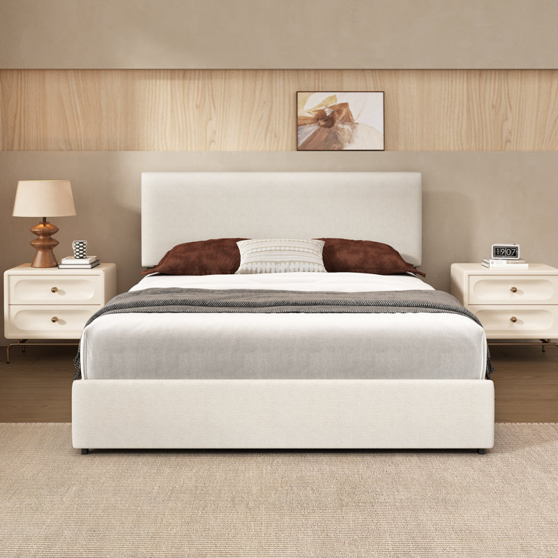 4 Drawers Storage Upholstered Bed, Cream, Queen