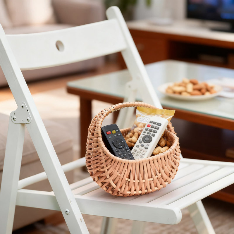 Hand-Woven Half-Moon Rattan Basket With Handle And Plastic Liner, Retro Storage Container For Home Decor And Organization