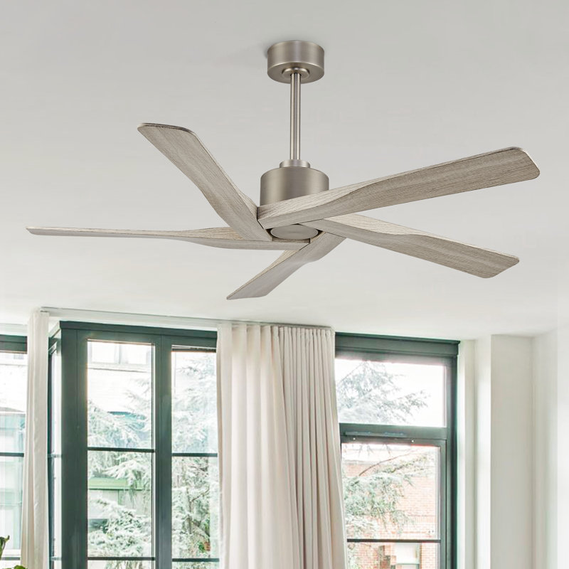 Ventilateur de plafond 5 pales 54 pouces en plastique ABS avec moteur à courant continu réversible 6 vitesses, grain de bois gris et nickel brossé