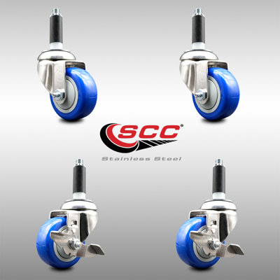 3 Inch 316SS Blue Poly Swivel 3/4 Inch Expanding Stem Caster Set 2 Brake SCC