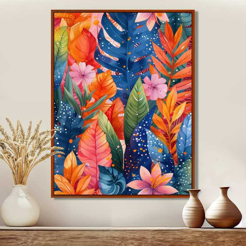 «Botanical Orange Blue Palm Leaves - Palmiers et palmiers», art mural, H 24 po x l 32 po, Cadre flottant brun, bois massif