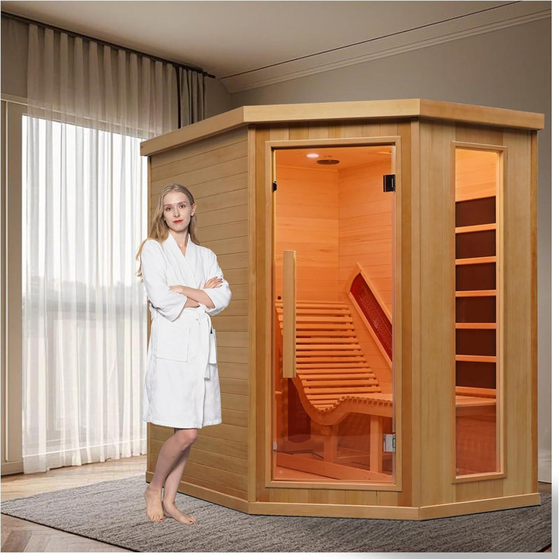 Hylivesaunas Far Infrared Wood Sauna, 1 or 2 Person Full Spectrum Red Light Therapy Luxury Recliner Home Corner Sauna, Indoor Canadian Hemlock Dry Spa, 2300W with 8 Heaters, Speakers, Lights, Oxygen Bar