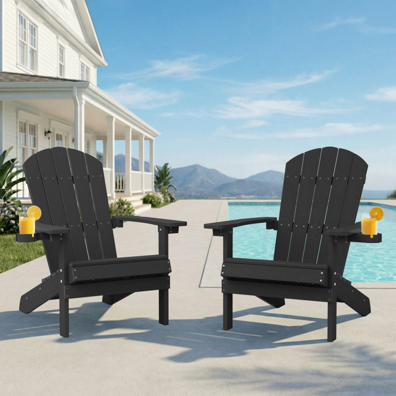 Outdoor Adirondack Chair set of 2 with Cup Holder All-Weather HIPS Patio Chairs for Lawn, Garden, Fire Pit, Backyard, Black