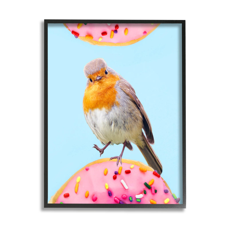 " Bird Perched Sprinkled Donut " by Ziwei Li, Midnight Black Framed Giclee, 14" H x 11" W x 1.5" D