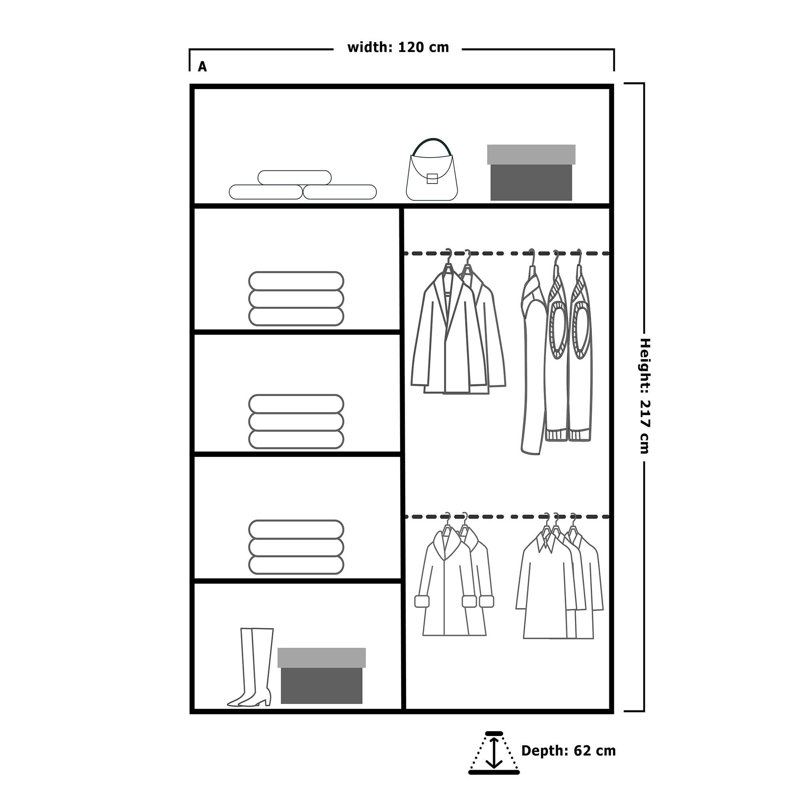 Alyssha 2 Door Manufactured Wood Wardrobe, 217cm H x 120cm W x 62cm D, Black