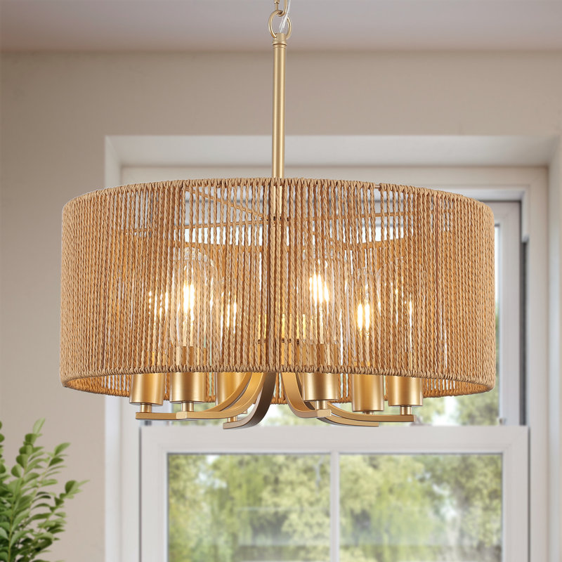 Lauri 6-light Handwoven Rattan Boho Farmhouse Chandelier, Gold