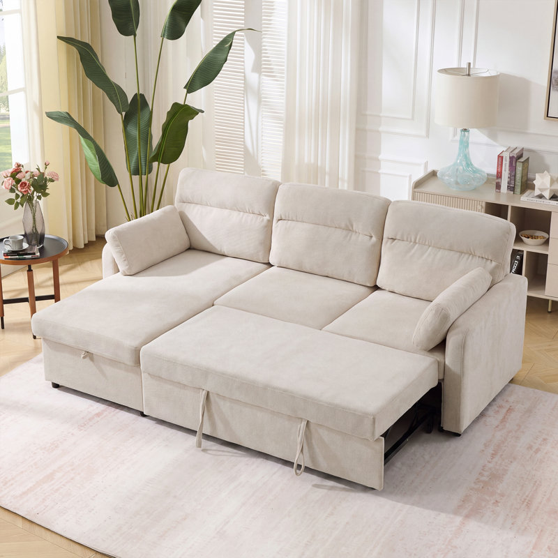 92''W Chenille Convertible L-Shaped Sectional Sofa Bed With Storage Two Pillows, Beige Chenille
