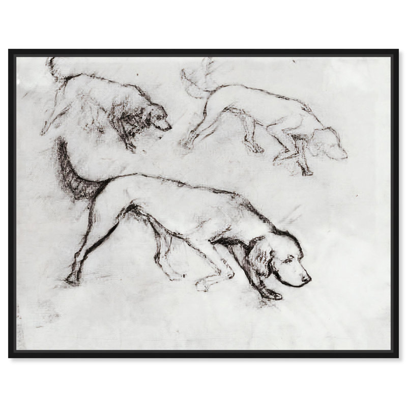 Chiens qui courent sur toile, art rétro par Art Remedy, H 21 po x l 17 po, Cadre flottant noir