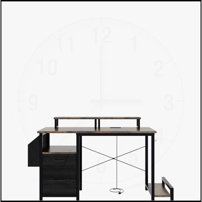 Multifunctional Computer Desk with Power Outlets, Monitor Stands, and Storage for Home Office, Rustic Brown