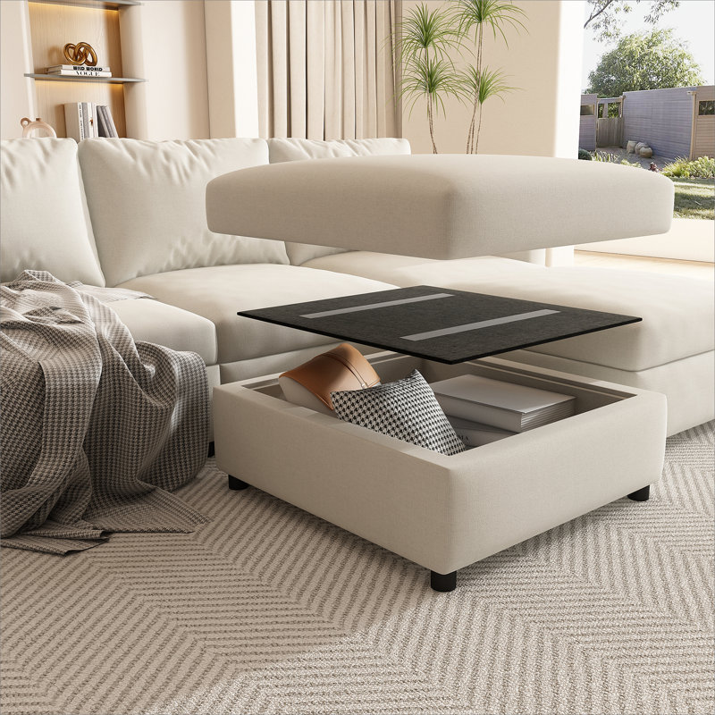 Grand canapé modulaire moderne, canapé modulaire en U avec fonction de rangement, Tissu blanc antique