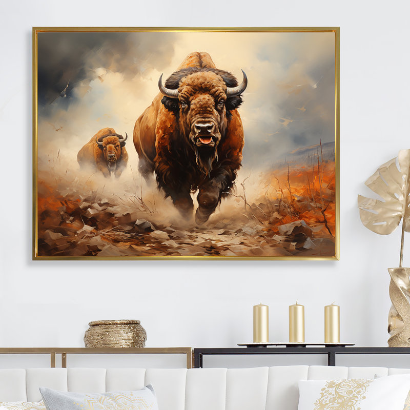 " Native Buffalo Mesmerizing I ", 12" H x 20" W x 1" D, Gold Floater Framed