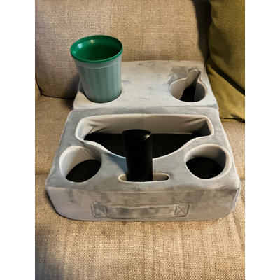 Couch Cup Holder Caddy with 8 Holes, Gray Sofa Armrest Tray with Side Pocket, Remote, Snack and iPad Holder for Sofa