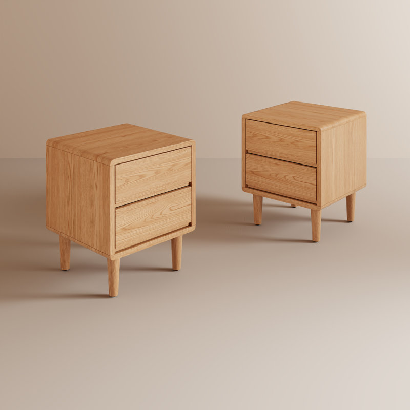 Set of 2 Solid Wood Mid-Century Modern Nightstands with 2 Drawers, Tan