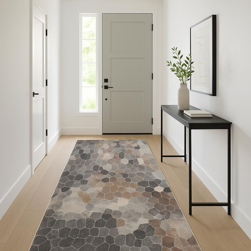 12' Gray And Beige Geometric Runner Rug
