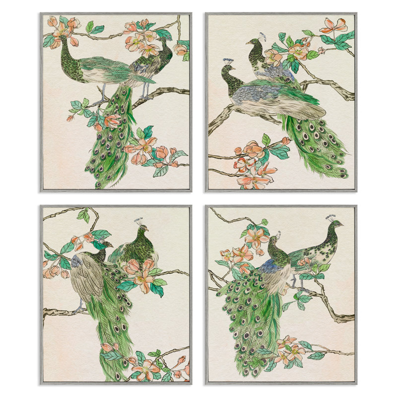 «Traditional Peacocks on Branches», ensemble de 4 giclées par Melissa Wang, Estampe numérique Farmhouse, H 14 po x l 11 po
