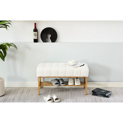 Banc de rangement pour chaussures d'entrée avec revêtement en tissu, pieds en métal. 300 lb, lin blanc pour la chambre à coucher, le salon, la salle à manger, le revêtement de fenêtre de la chambre à coucher et le vestibule,