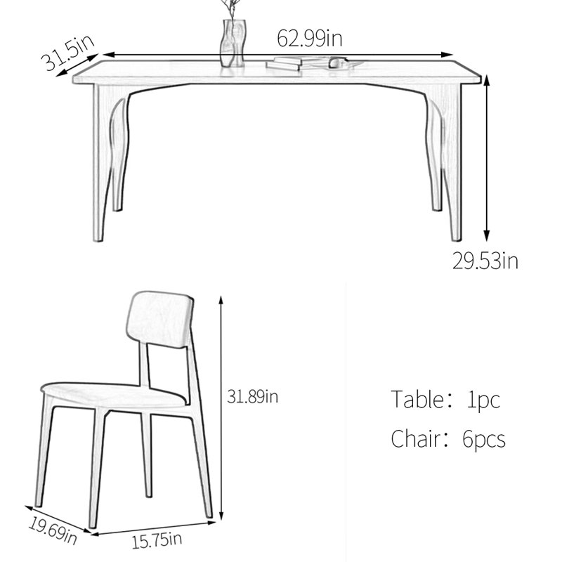 Ensemble de table de salle à manger simple en bois massif, H 29,53 po x L 62,99 po x l 31,5 po
