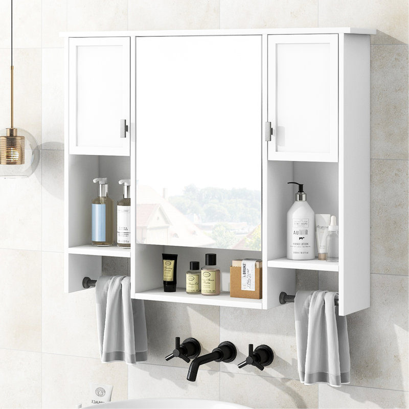 35'' X 28'' Bathroom Cabinet With Mirror - Board & Functional Design Wall Mounted Build Style, White