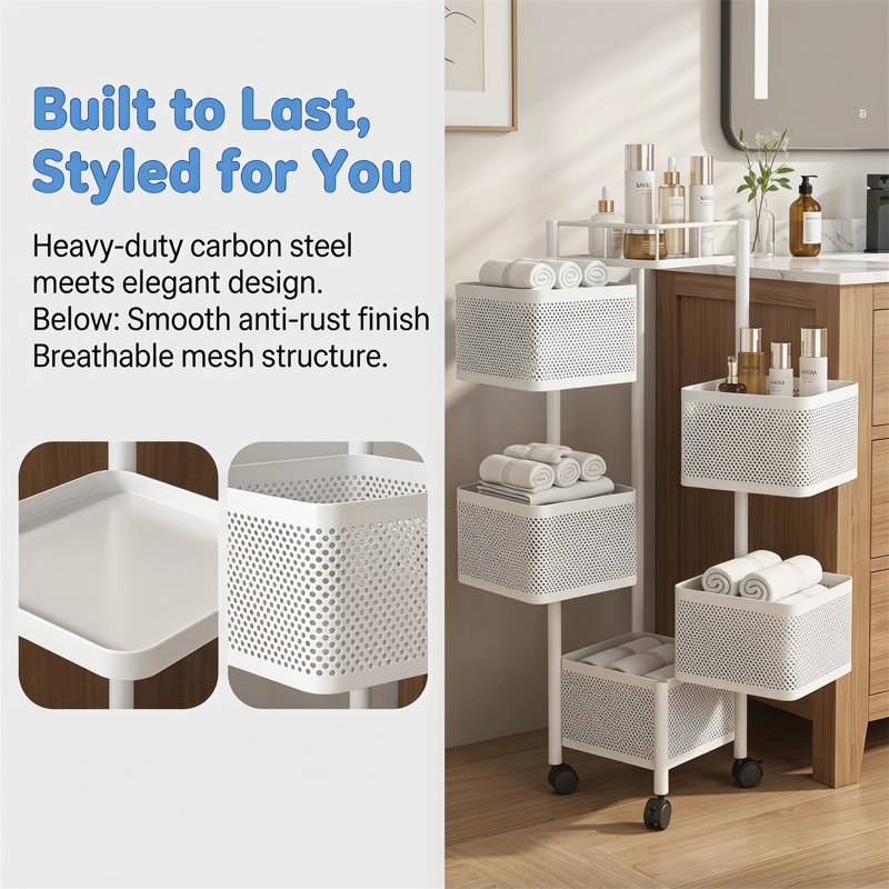 5-Tier Rotating Storage Rack, Metal Multi-Layer Fruit Vegetable Basket, Rolling Kitchen Floor Cart