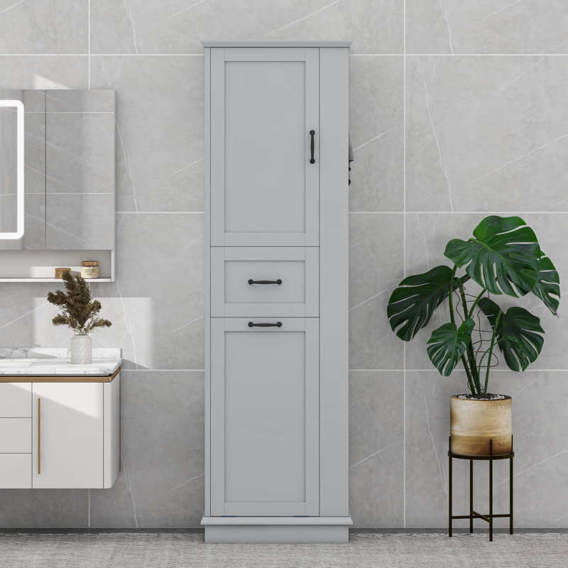 Modern Tall Storage Cabinet – Tilt-Out Compartment, Adjustable Shelves, Grey
