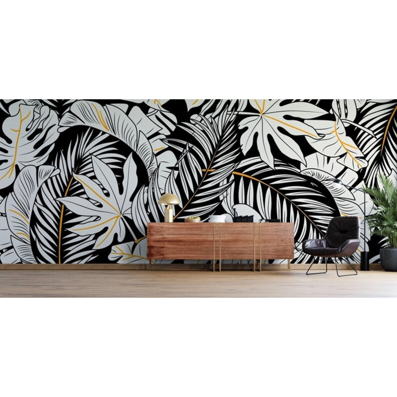 Adhésif mural noir et blanc à motif tropical de luxe avec feuilles tropicales, L 108 po x l 96 po