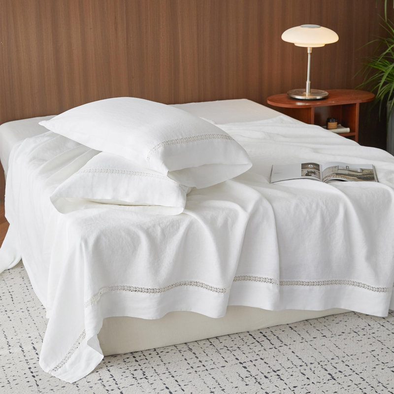 Ensemble de draps 100% lin lavé - Draps en lin naturel français, Grand 1 drap plat + 1 drap-housse + 2 taies d'orei, Blanc