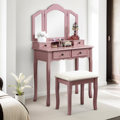 Meuble-lavabo en bois rose doré avec miroir, tabouret et pochette à bijoux