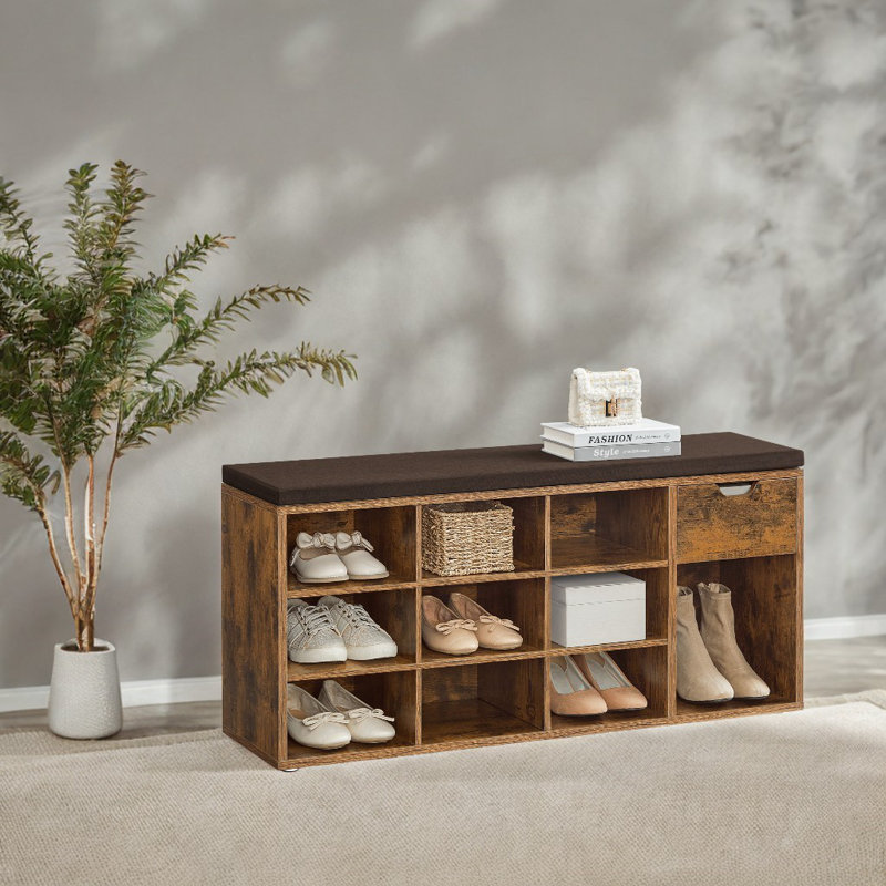 Banc de rangement pour 10 paires de chaussures avec tiroir, Brun rustique / brun