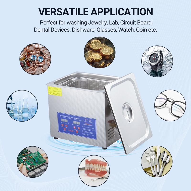 Nettoyeur à ultrasons 10 L avec fonction chauffante, 240 W, 40 kHz, acier inoxydable 304, argent