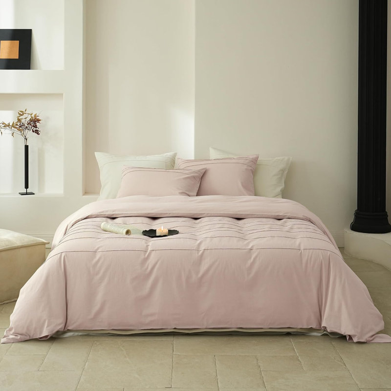 Ensemble de housse de couette 100% coton délavé, Grand lit, Rose