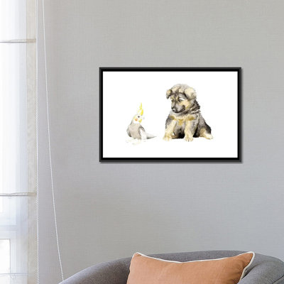 «German Shepherd Puppy and Cockatiel», reproduction sur toile