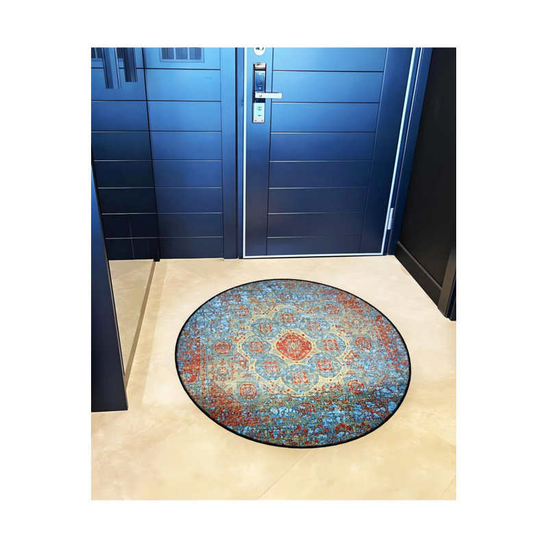 Blue Red Traditional Moroccan Ethnic Area Rug, Round 5'